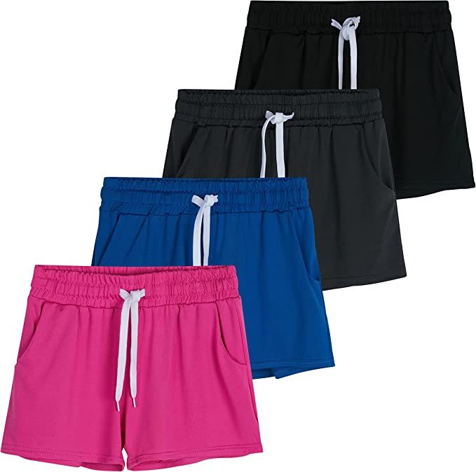 4 Pack: Girls Athletic Performance Dry-Fit Running Shorts with Drawstring & Pockets | Amazon (US)