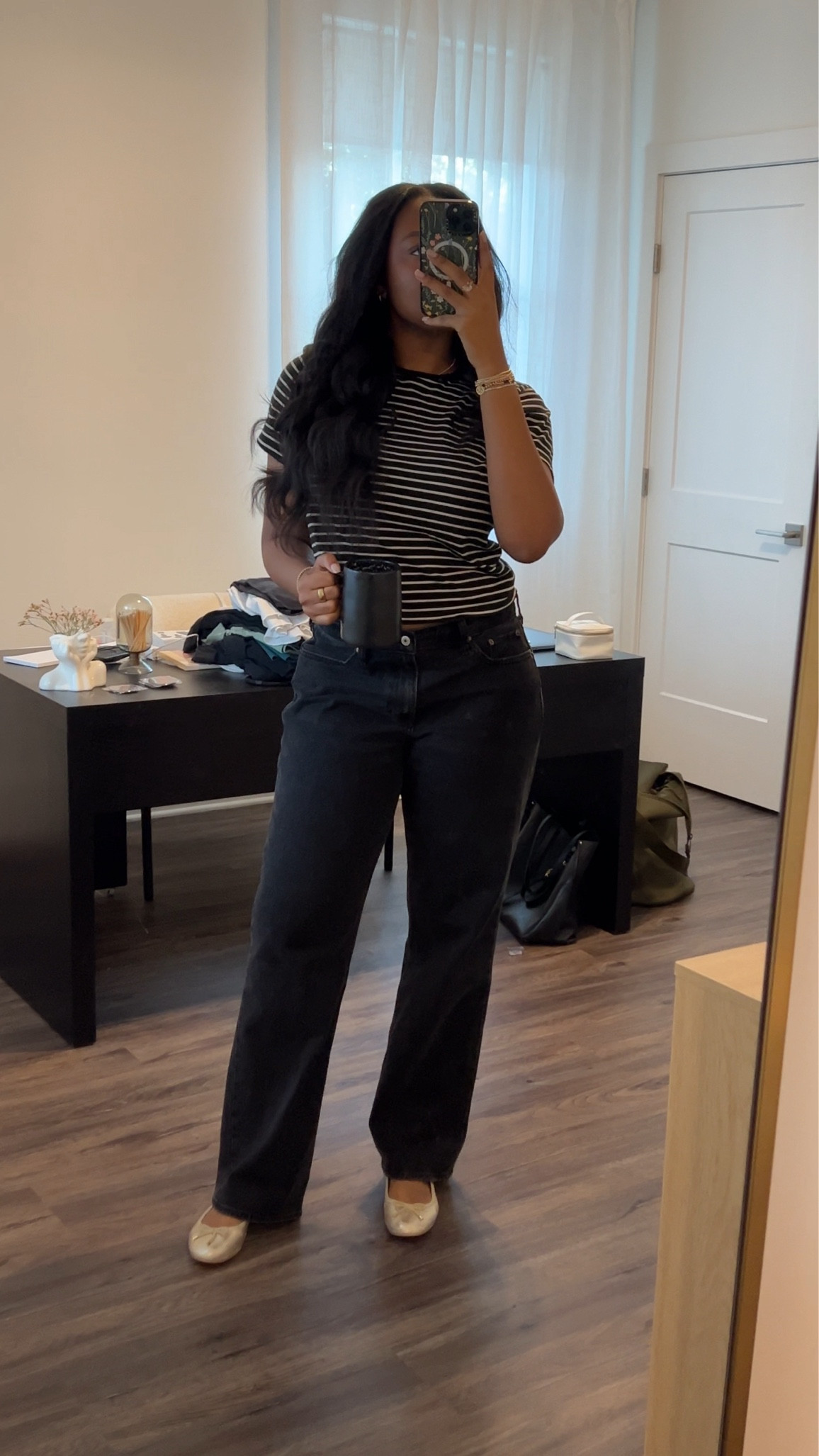 clean classy corporate outfit: striped tee + black jeans + gold flats + gold jewelry 

#LTKWorkwear #LTKSeasonal #LTKStyleTip