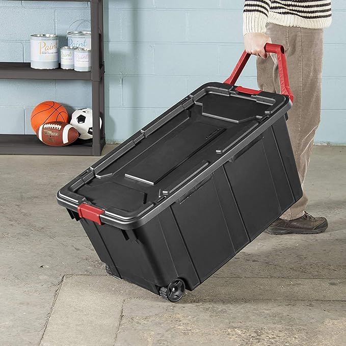Sterilite 14699002 40 Gallon/151 Liter Wheeled Industrial Tote, Black Lid & Base w/Racer Red Hand... | Amazon (US)