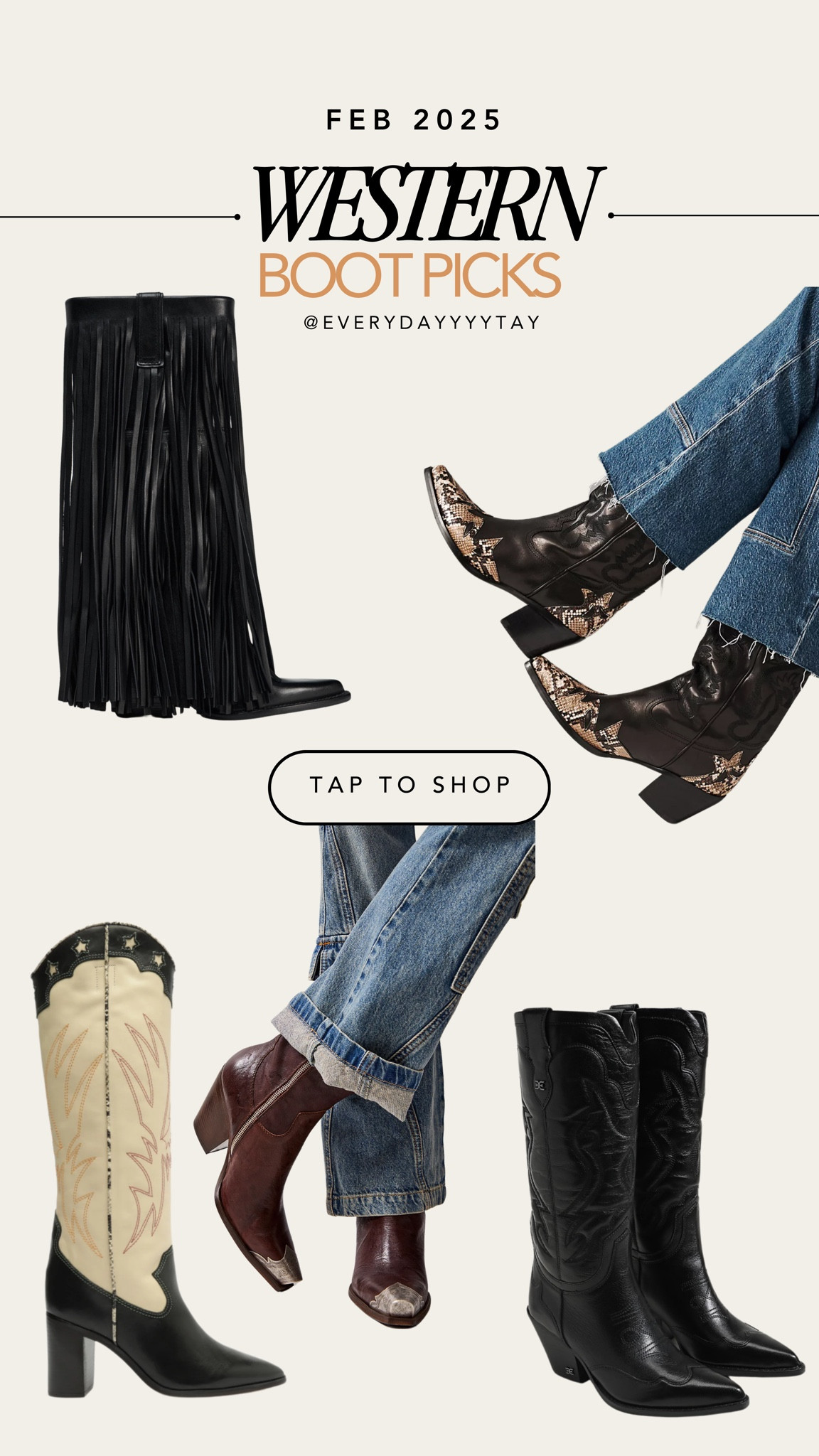 Your western outfit isn’t complete without the boots! Shop some of these fun styles 

Zara fringe boots [top left] reference code: 3034/410/800

#LTKSeasonal #LTKShoeCrush #LTKStyleTip