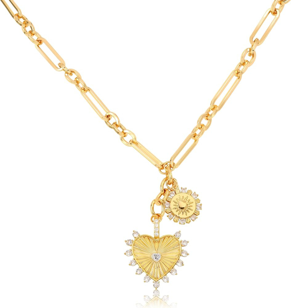 Chunky Gold Heart Necklaces for Women 18K Gold Plated Charm Necklace Sun Pendant Chain Jewelry. | Amazon (US)