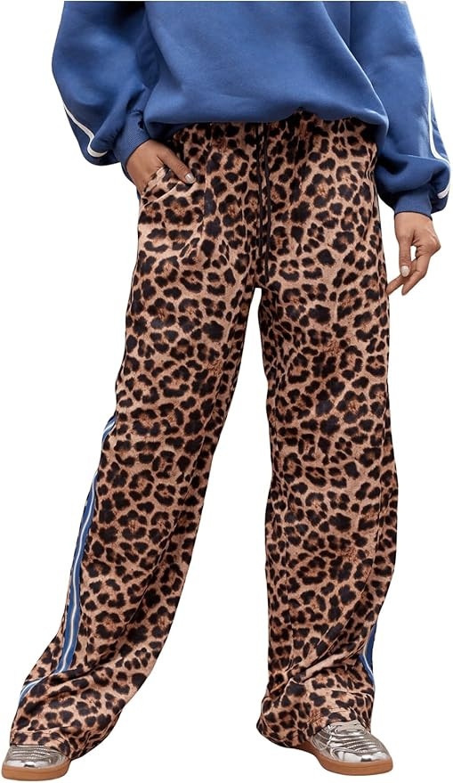 WDIRARA Women's Y2k Leopard Print Pants Elastic Waist Wide Leg Pants Trousers Bottoms | Amazon (US)