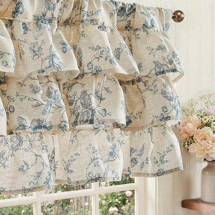 jinchan Amlie Ruffled Floral Valance Curtain Shabby Chic Linen Kitchen Valance Farmhouse Cottagec... | Amazon (US)