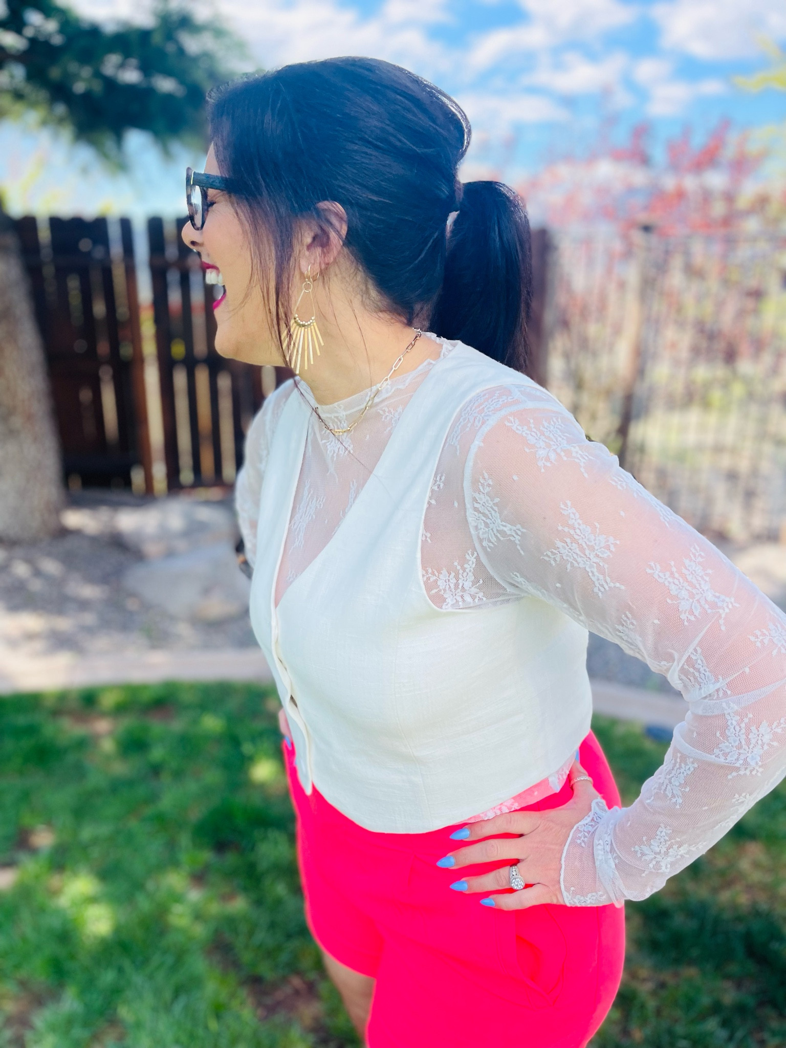 Yet another fun way to wear this lace sheer top. This time paired with a linen vest and pleated shorts. #summerfashion #summeroutfit #midsize #summerstyle

#LTKSeasonal #LTKStyleTip #LTKMidsize