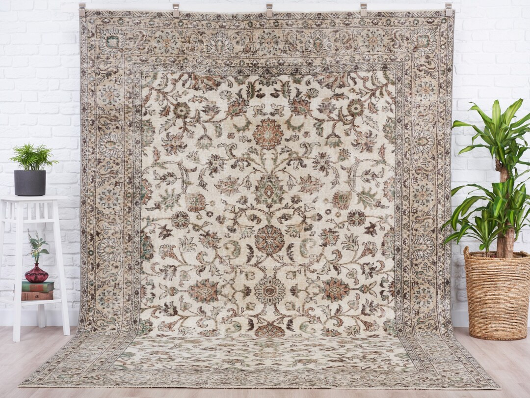 7x10 Vintage Rug Beige Turkish Area Rug Ivory Rug Wool - Etsy | Etsy (US)