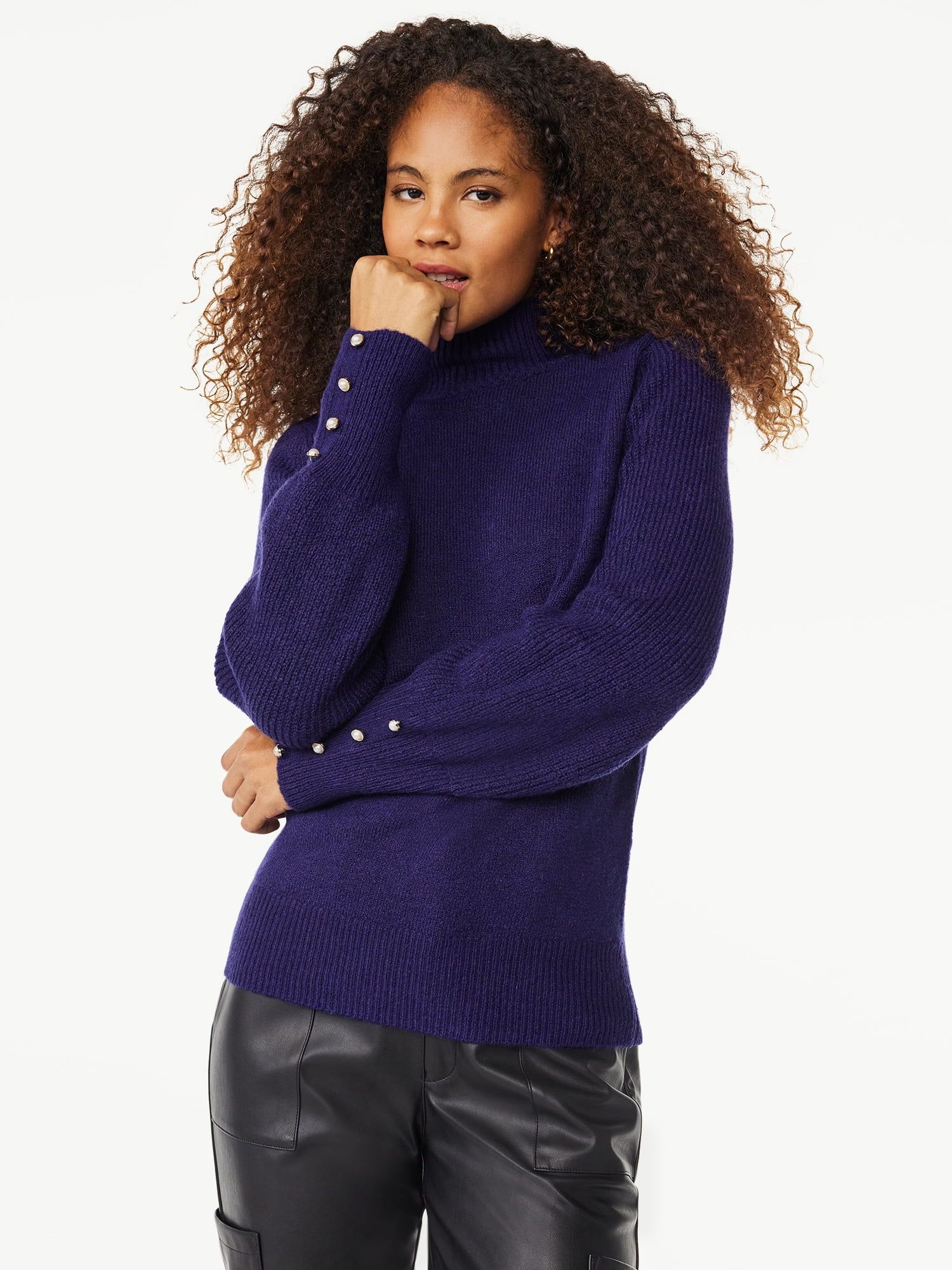 Scoop Women's Long Sleeve Turtleneck Sweater with Button Cuffs, Midweight, Sizes XS-XXL | Walmart (US)