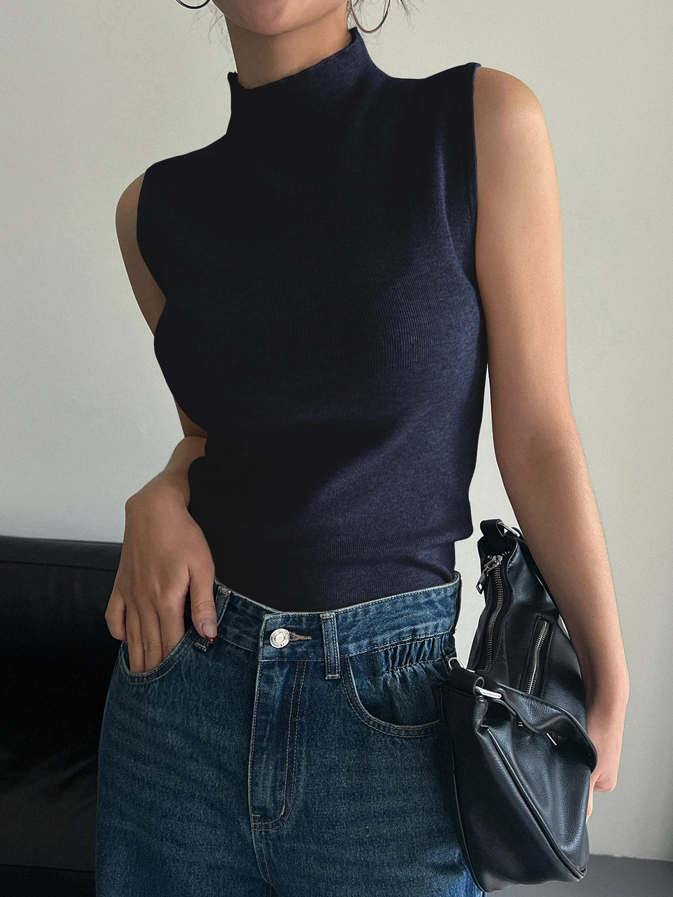 DAZY Solid Mock Neck Ribbed Knit Sweater Vest | SHEIN