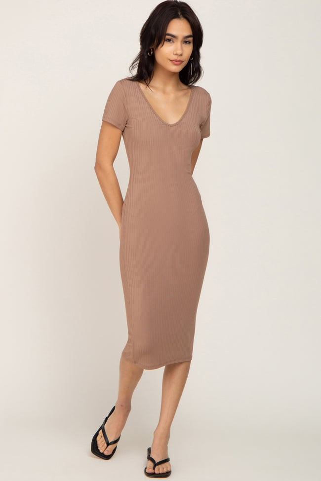Taupe Basic Ribbed Fitted Midi Dress | PinkBlush Maternity