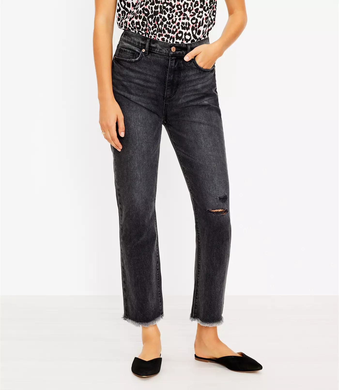 Destructed High Rise Straight Crop Jeans in Washed Black Wash | LOFT | LOFT