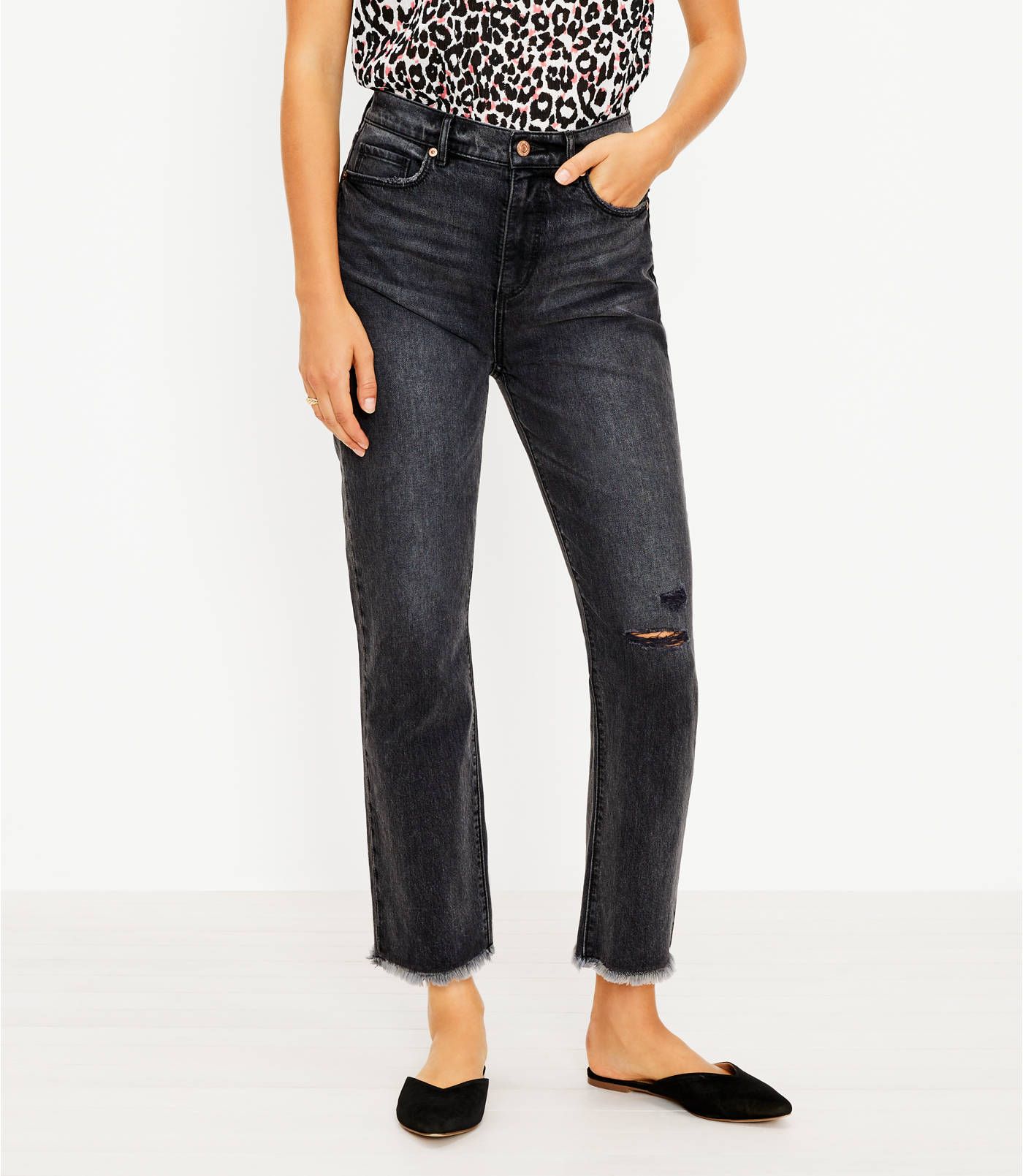 Destructed High Rise Straight Crop Jeans in Washed Black Wash | LOFT