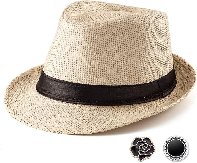 LADYBRO Straw Trilby Fedora Hat for Men 1920s Short Brim Wool Felt Panama Cap 7 1/4 | Amazon (US)