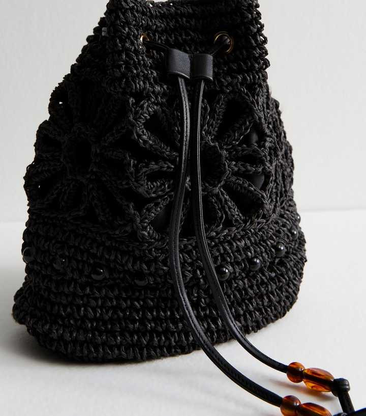 Black Floral Woven Raffia Look Drawstring Bucket Bag | New Look | New Look (UK)