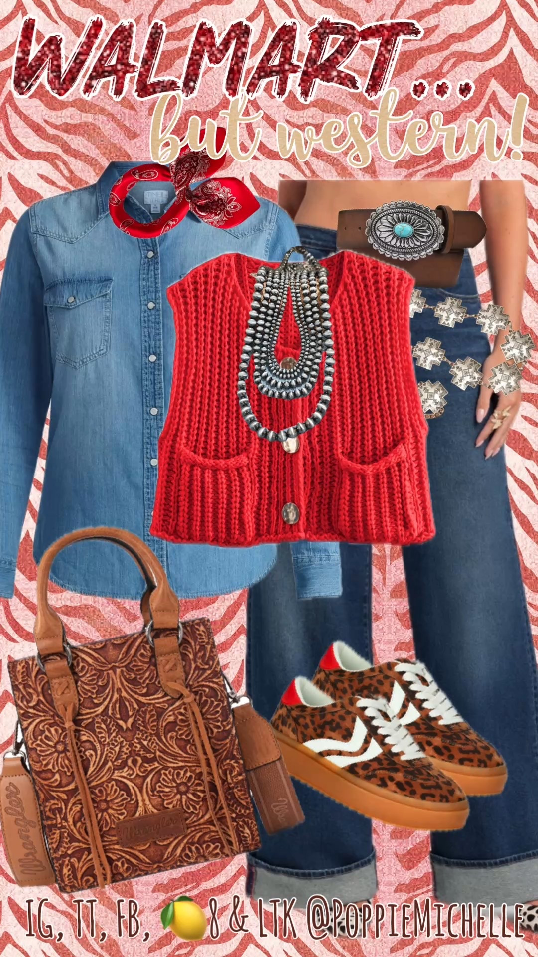 Love like the Wild West!!

Western & Walmart go hand and hand. 
Valentine’s Outfit Inspiration 

Long sleeve button down denim shirt, denim button down shirt, wide leg, cuffed jeans, Walmart, wide leg, cuffed jeans, red sweater, vest, red button, front chunky knit sweater, vest, red sleeveless sweater, leopard print sneakers, leopard print, tennis shoes, wrangler, leather purse, wranglers, embossed, leather purse, red leather belt, red bandanna, red scarf 

#LTKootd #LTKdayinmylife