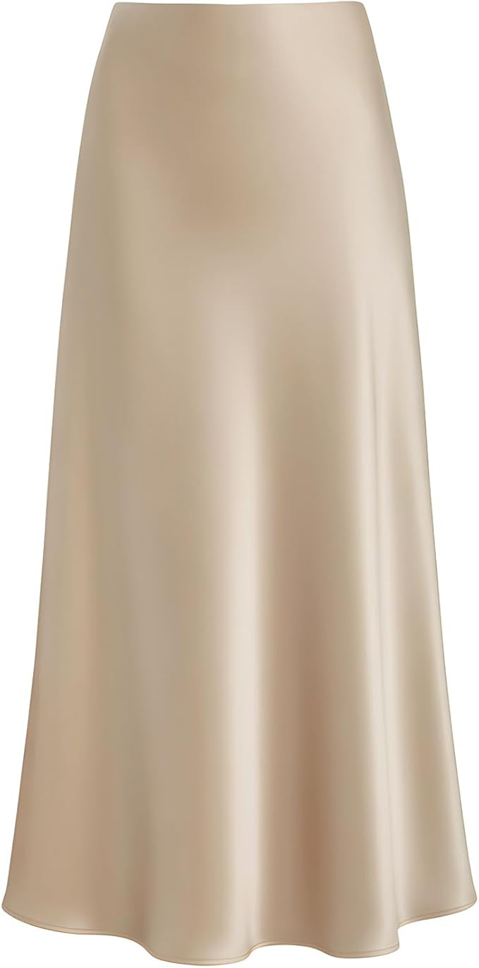 Women's Satin High Waisted Maxi Skirts Hidden Elasticized Waistband A Line Long Skirt | Amazon (US)