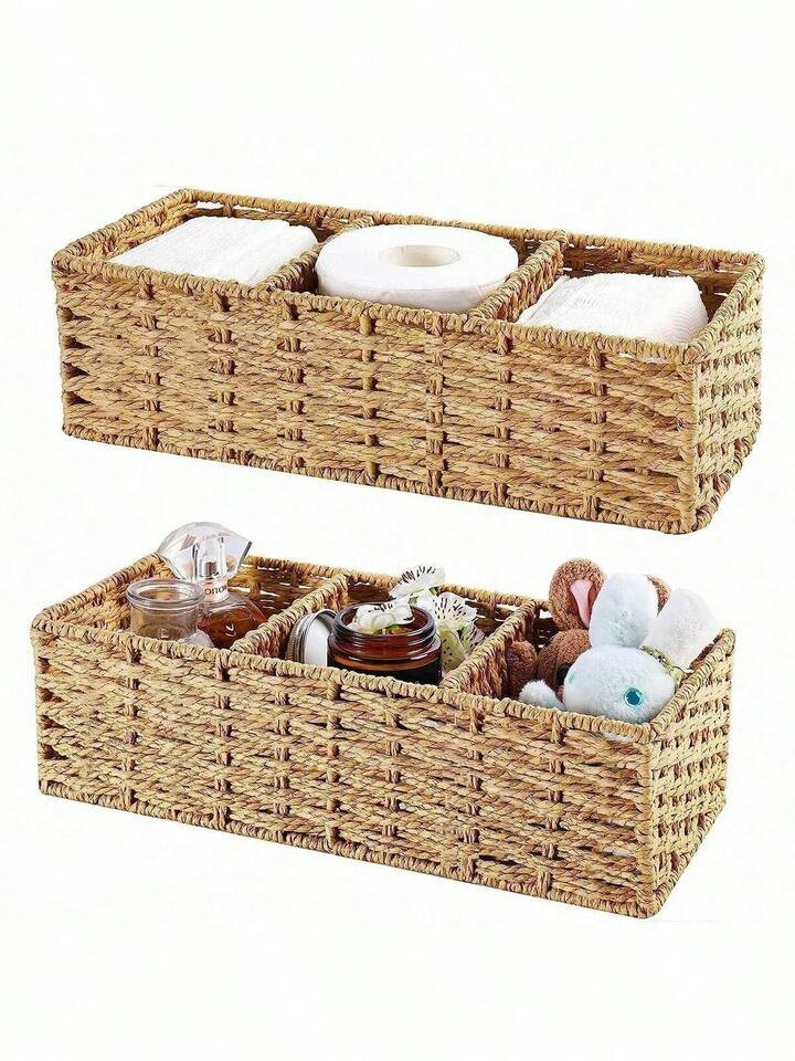 1pc Woven Three-Compartment Storage Basket, Handmade Paper Rope & Willow Storage Bin, Toilet Tank Top Tissue Box Holder, Bathroom Organizer Basket, Storage, Makeup Organizer, Organizer, Basket, Organization And Storage, Baskets, Room Organizing Storage, Storage, Storage Box, Bin, Hamper Gift Box, Basket For Gift, Hanging Cabinet, Home Decor Pink, Kitchen Accessories Home Bathroom Decor Summer | SHEIN