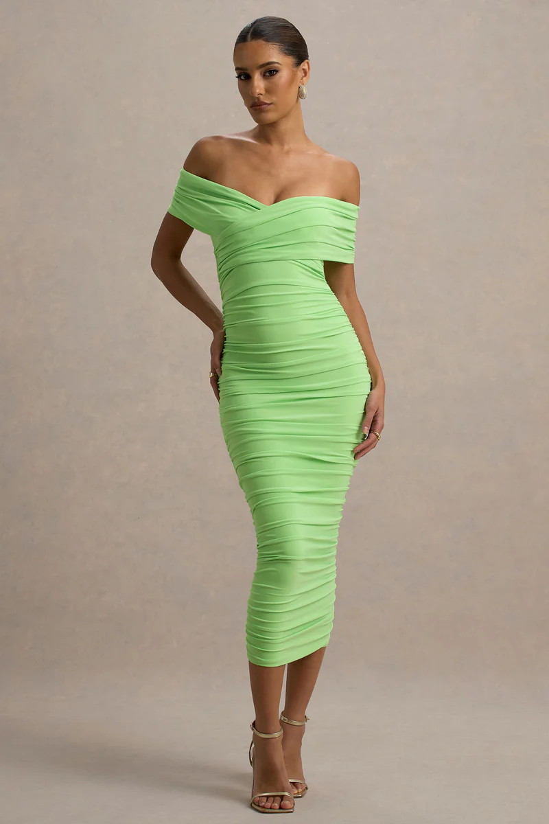 Unwrapped  Light Green Ruched Twist Bardot Midi Dress | Club L London