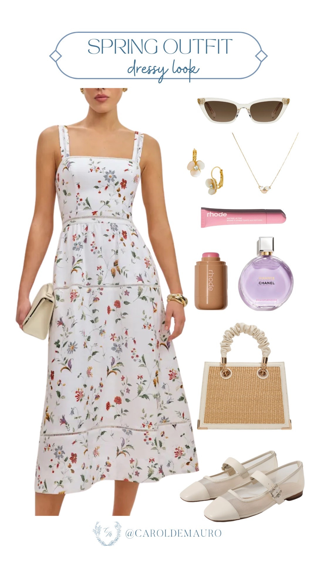 Channeling main character energy in this spring ensemble: floral midi dress paired with chic Mary Jane mesh ballet flats! Accessorizing with delicate floral earrings, retro sunglasses, and the perfect raffia handbag. A swipe of rhode peptide lip treatment and rhode pocket blush completes this blooming look!
#dressylook #partyoutfit #babyshower #springfashion

#LTKStyleTip #LTKSeasonal #LTKU