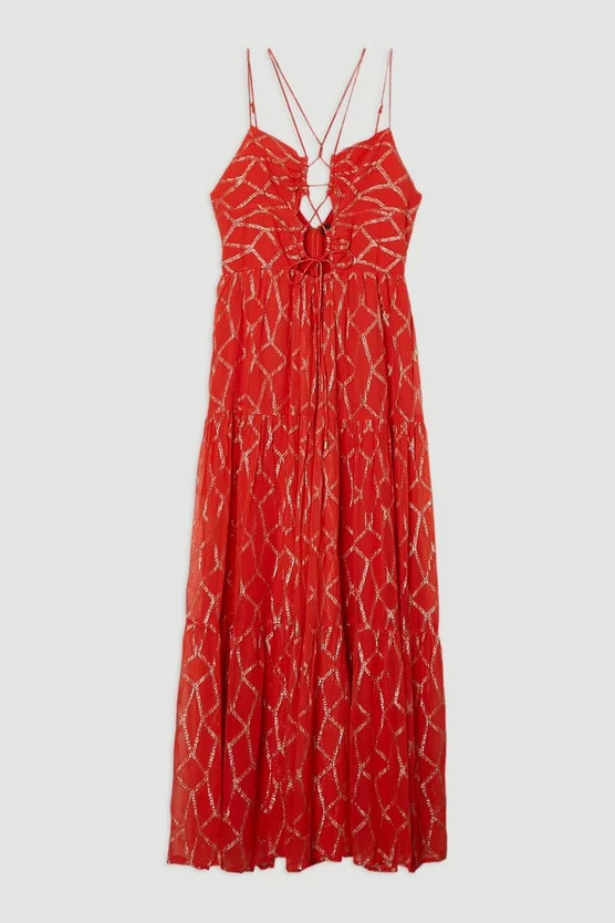Viscose Sparkle Tie Detail Tiered Skirt Woven Maxi Dress | Karen Millen UK + IE + DE + NL