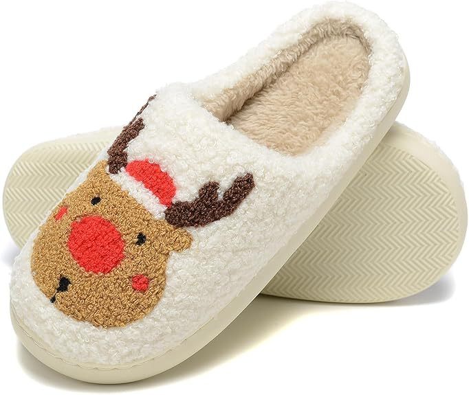 Women Reindeer Christmas Xmas Slippers Men Elk Moose Cute Cartoon Non-Slip Memory Foam Warm House... | Amazon (US)