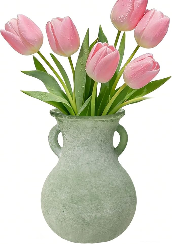Green Glass Vase with Handles, 7.5 Inch Rustic pottery Style Flower Vase, Vintage Decorative Roun... | Amazon (US)