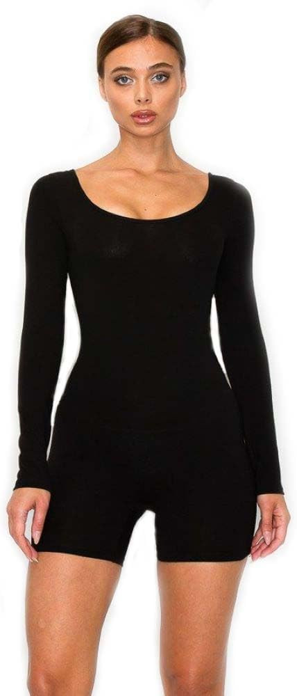 7Wins JJJ Fashion Solid Cotton Spandex Round Neck Low Back Long Sleeve Body-Con Short Romper/Made... | Amazon (US)