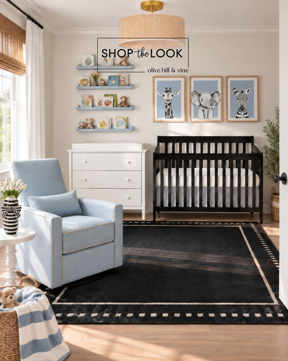 From playful animal art to tailored black accents, this nursery brings personality into every corner. Pale blue furnishings, natural woven textures, and warm wood tones soften the graphic contrast for a polished space that still feels perfectly suited for little ones.

#LTKHome