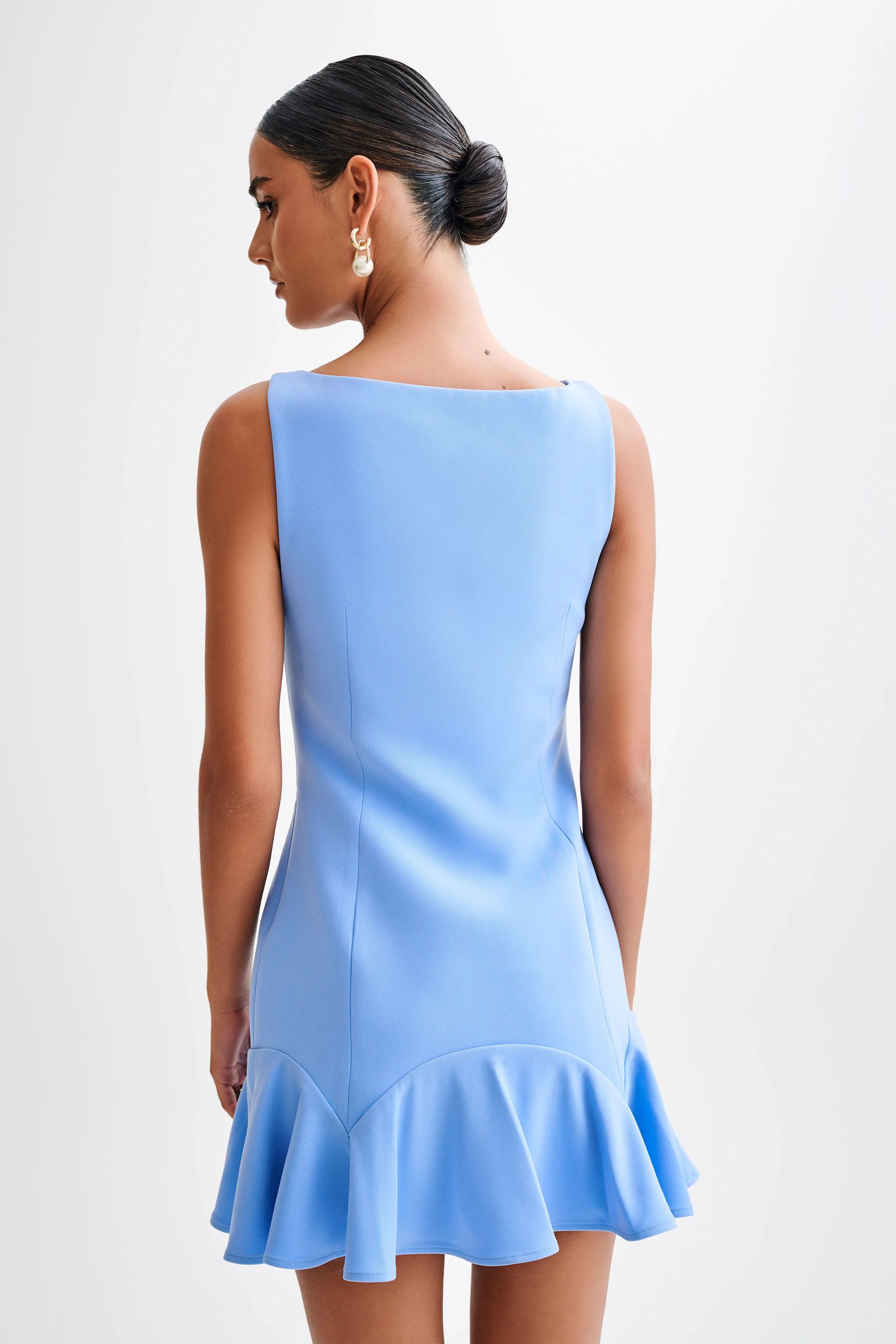 Leonora Sleeveless Suiting Mini Dress With Ruffle - Iris Blue | MESHKI US