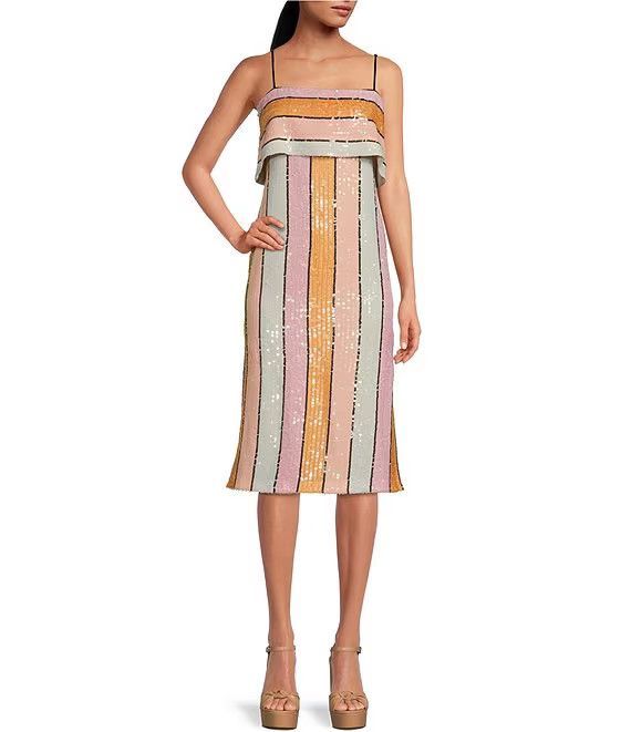 Halston Multi-Colored Striped Print Sequin Midi Dress | Dillard's