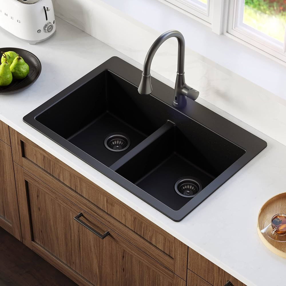 Karran QT-810 33" Top Mount Double Equal Bowl Quartz Kitchen Sink in Black | Amazon (US)