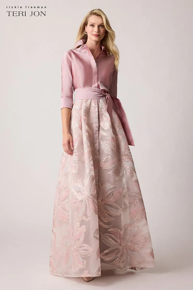 Metallic Taffeta Floral Organza Shirt Waist Gown | TERI JON