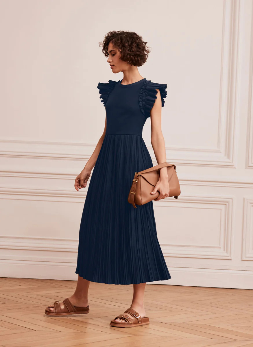 Navy Jersey Crinkle Midi Dress | Mint Velvet