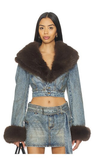 AFRM The Low Neck Denim Jacket With Faux Fur in Blue. - size M | Revolve Clothing (Global)