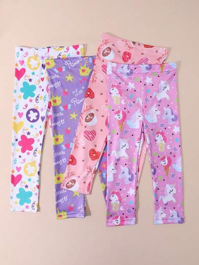 4pcs Girls' Unicorn Print Leggings, Rainbow Pony Tights, Comfortable 3/4 Pants, Suitable For Dail... | SHEIN