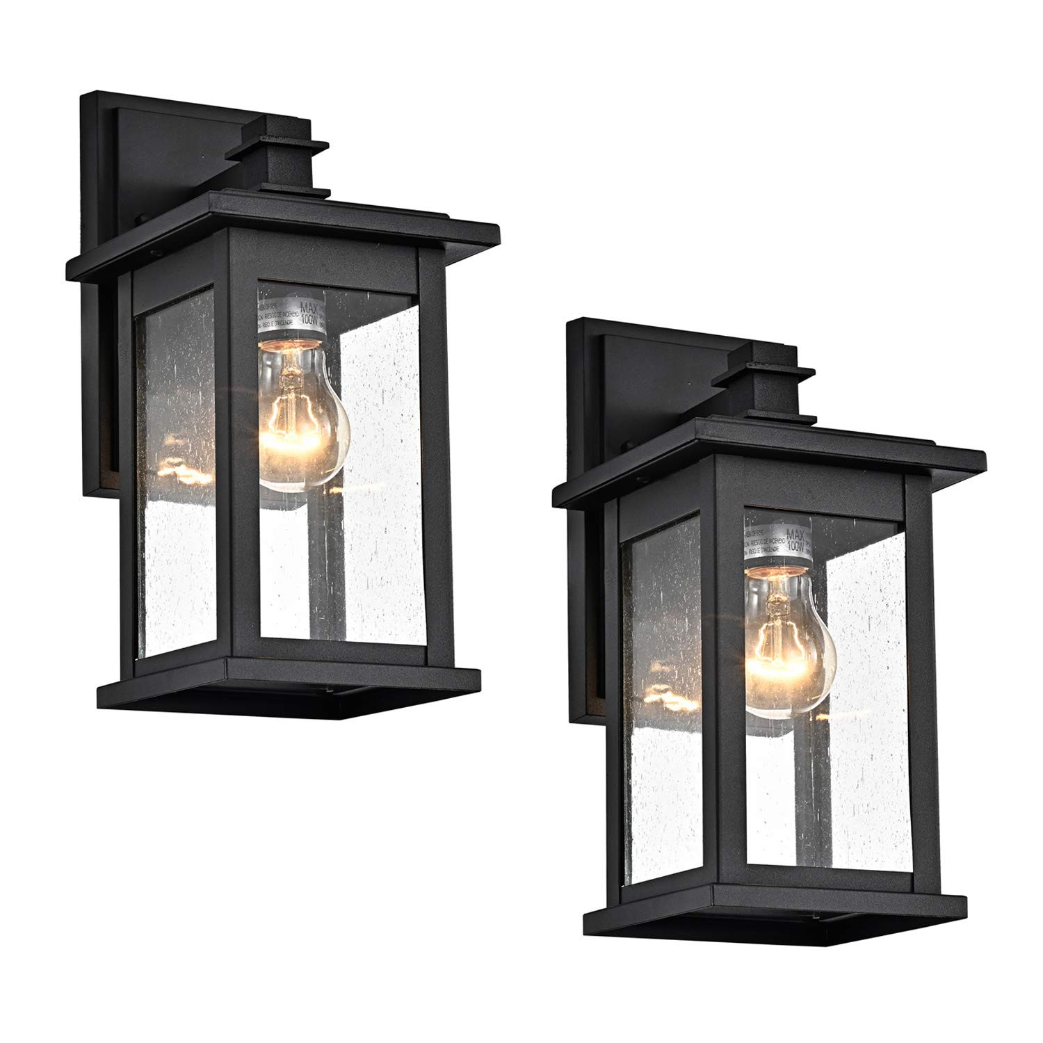 MICSIU 2-Pack Black Outdoor Wall Sconce, 12-Inch Modern Square Exterior Light Fixtures with Clear... | Amazon (US)