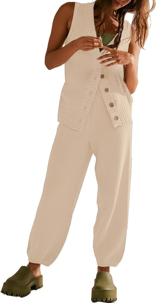 SuperPrity 2 Piece Outfits for Women Summer V Neck Sleeveless Knit Button Tank Tops and Wide Leg ... | Amazon (US)