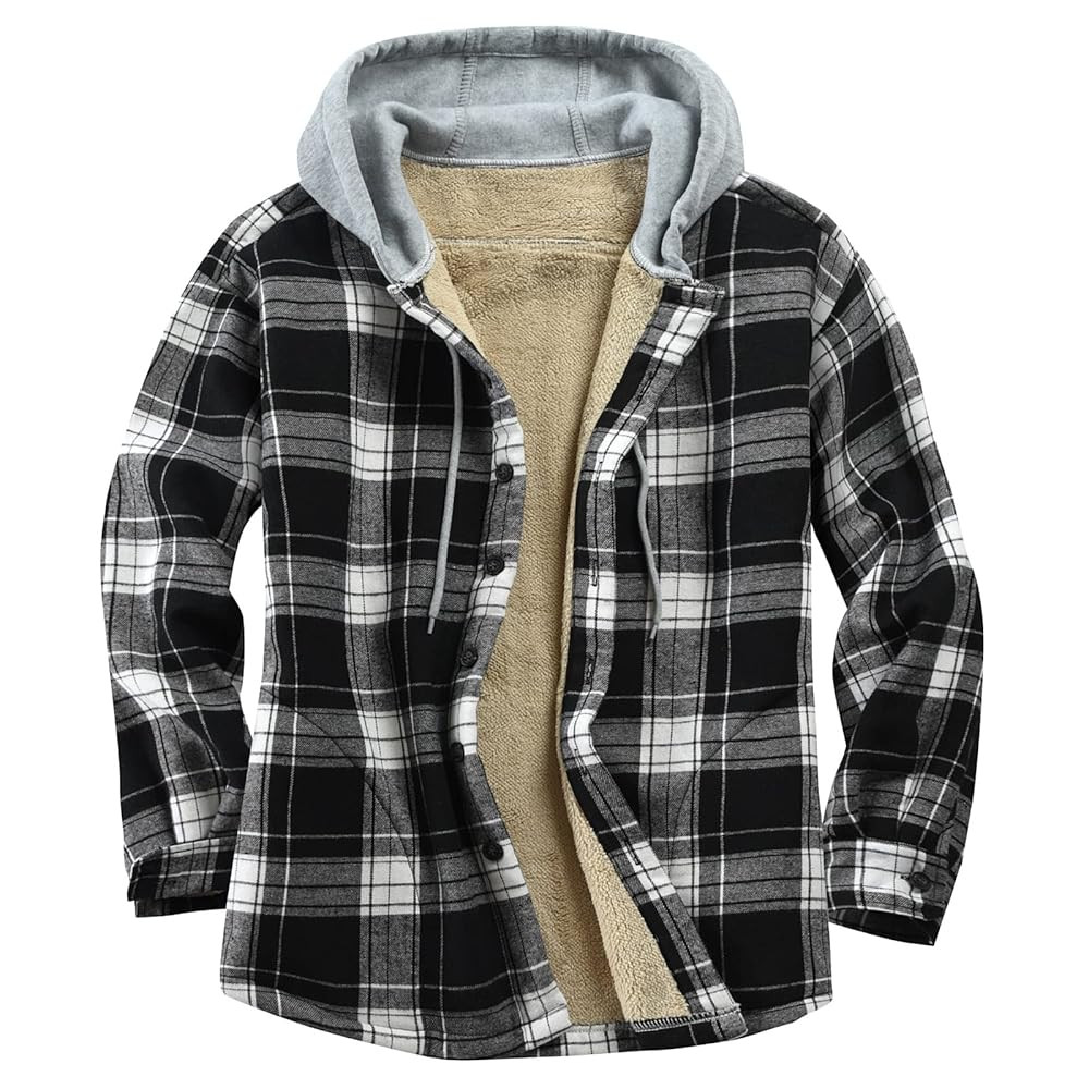 Men's Cotton Plaid Shirts Jacket Fleece Lined Flannel Shirts Sherpa Button Down Jackets with Hood... | Amazon (US)