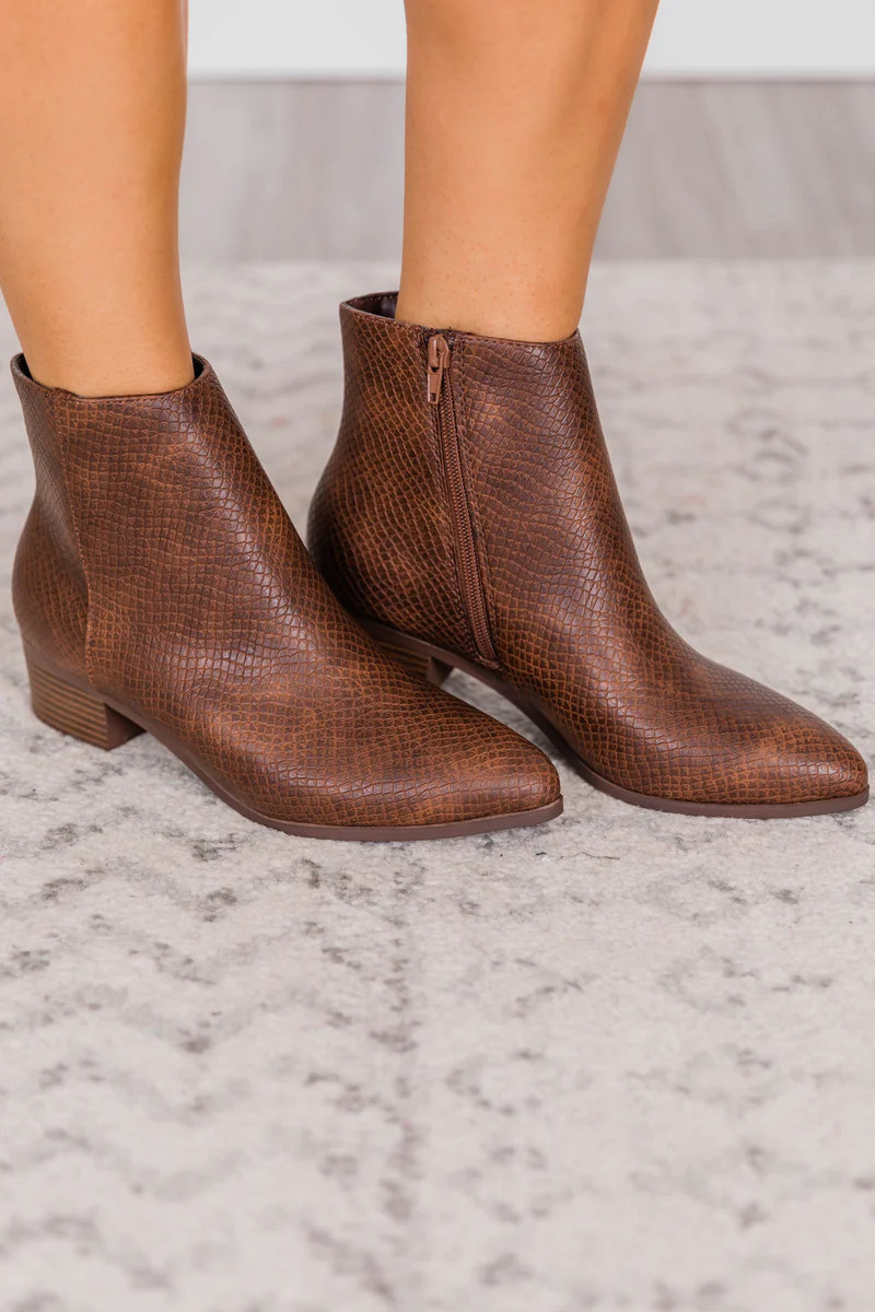 Juno Leather Snakeskin Brown Booties | The Pink Lily Boutique