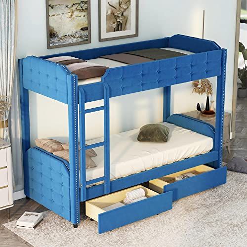 Merax Twin Over Twin Upholstered Bunk Bed, Tufted Design Platform Bed with 2 Storage Drawers, Lad... | Amazon (US)