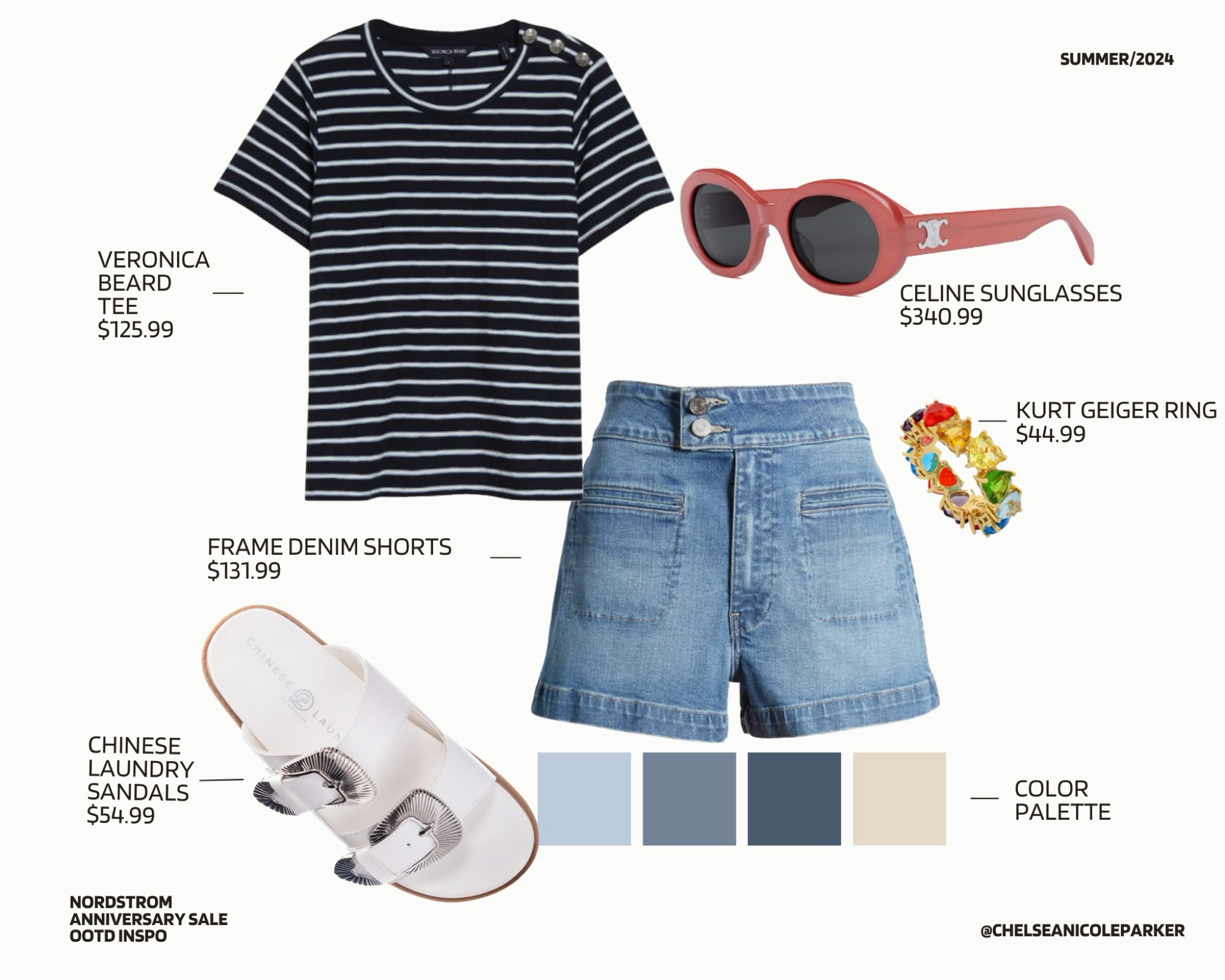 Veronica Beard Striped Button Detail T-Shirt + Frame Denim Shorts + Chinese Laundry White Birkenstock Buckle Sandals + Celine Red Sunglasses + Kurt Geiger Rainbow Gen Heart Ring - Nordstrom Anniversary Sale / Summer Outfit / 4th of July / OOTD Inspo

#LTKFindsUnder50 #LTKxNSale #LTKFindsUnder100