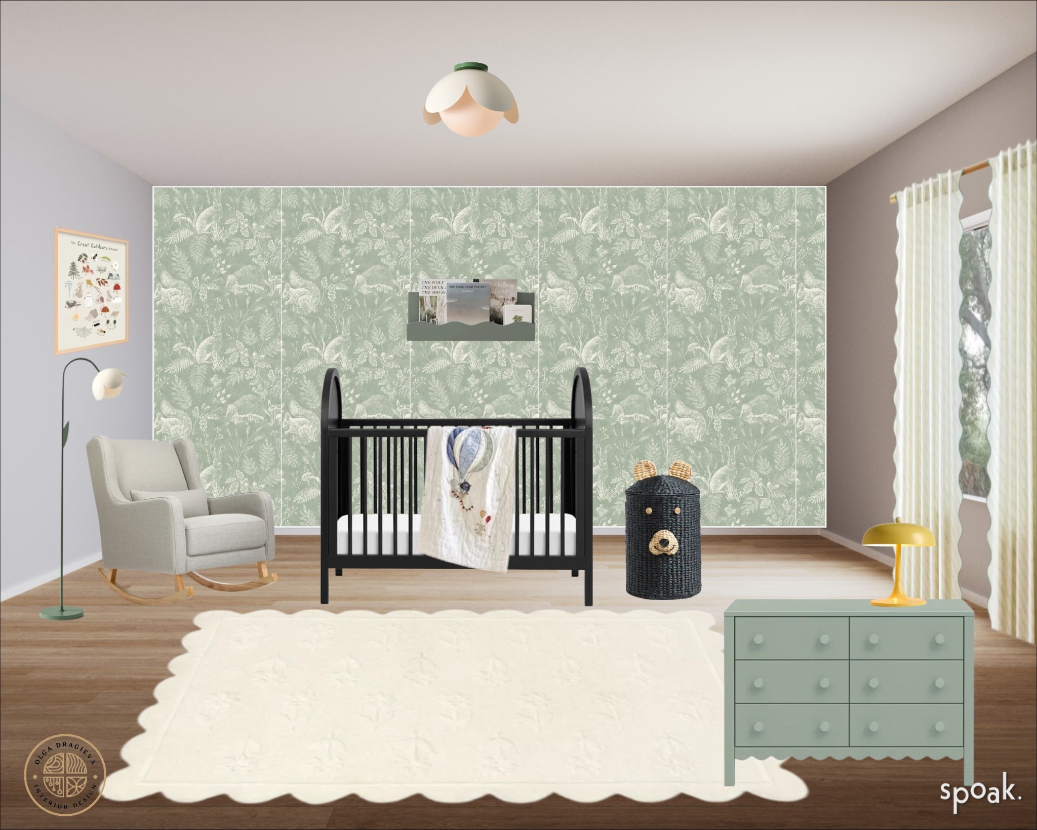 Beautiful and calming nursery design/mood board. Green wallpaper, green dresser, scalloped floral rug, black crib, bear storage bin, flower floor lamp and flush light. Scalloped curtains and modern yellow table lamp. Grey rocker, scalloped book shelf and cute alphabet wall art. 

#LTKBump #LTKHome #LTKBaby