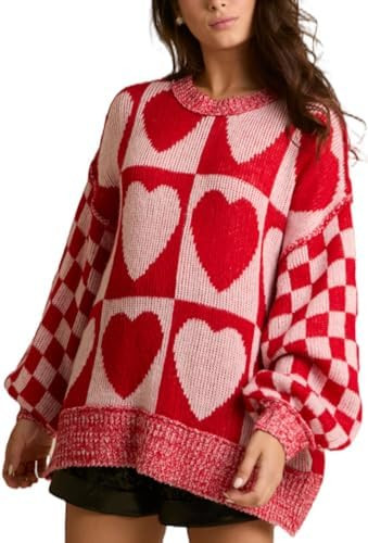 Women Checkered Holiday Oversized Sweater Cute Plaid Print Crewneck Sweatshirt Y2k Knit Puff Slee... | Amazon (US)