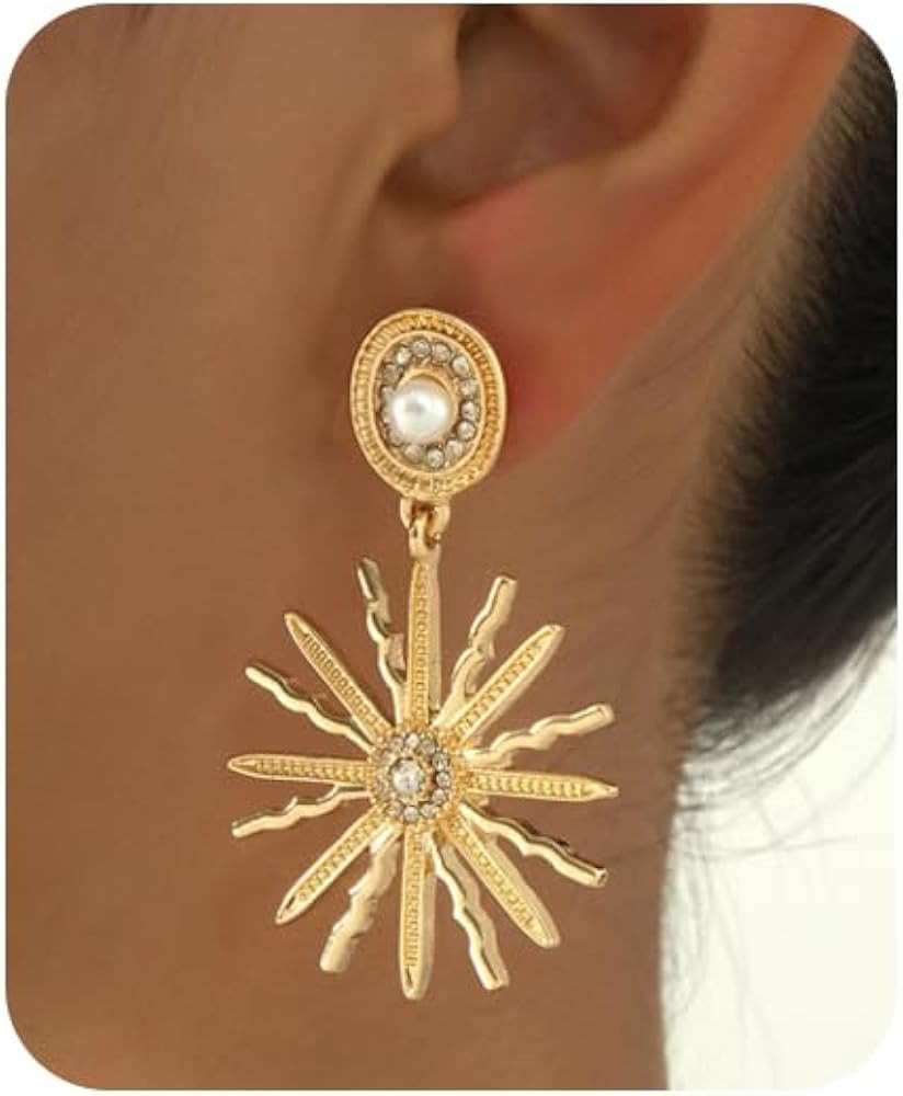 Bohemian Sun Drop Earrings Vintage Star Gold Hexagram Celestial Dangle Sunflower Pearl Studs Chun... | Amazon (US)
