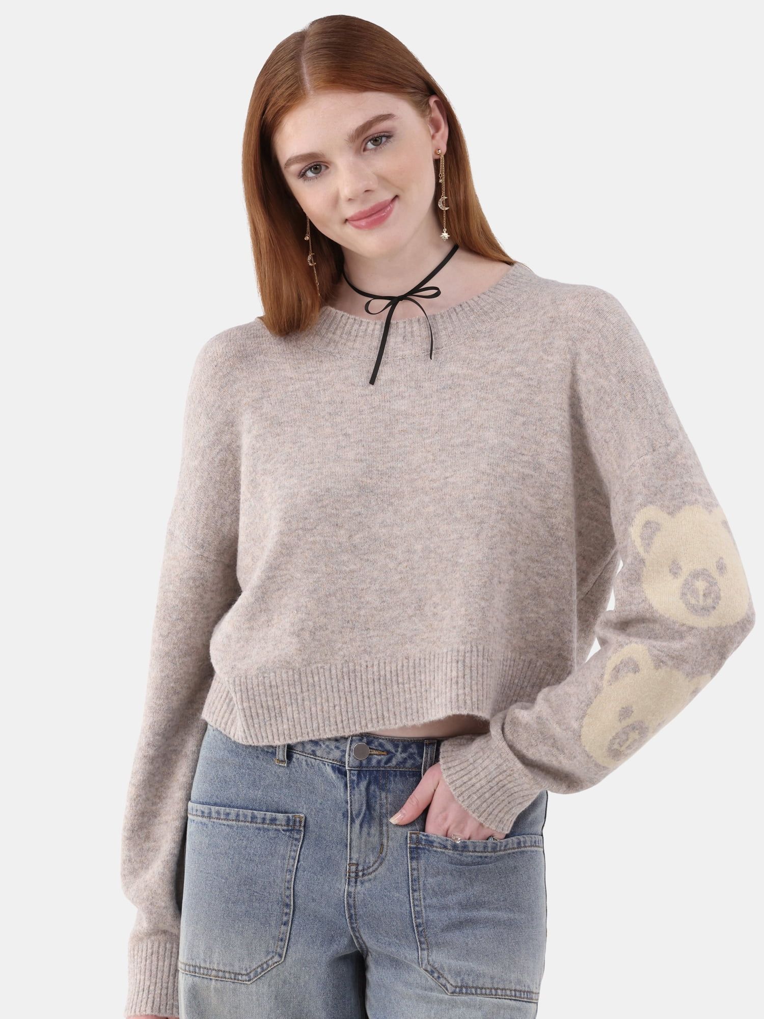 No Boundaries Crewneck Pullover Motif Sleeve Sweater, Women’s and Women’s Plus | Walmart (US)