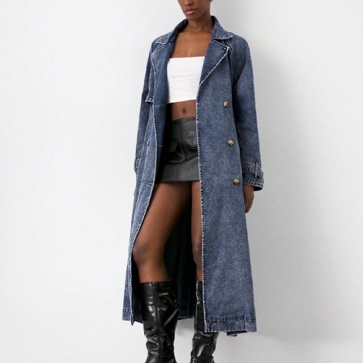 Maija Women's Retro Denim Trench Coat Autumn And Winter Temperament Long Coat French Elegant Belt Long Sleeve Denim Jacket Long Party Dresses | SHEIN