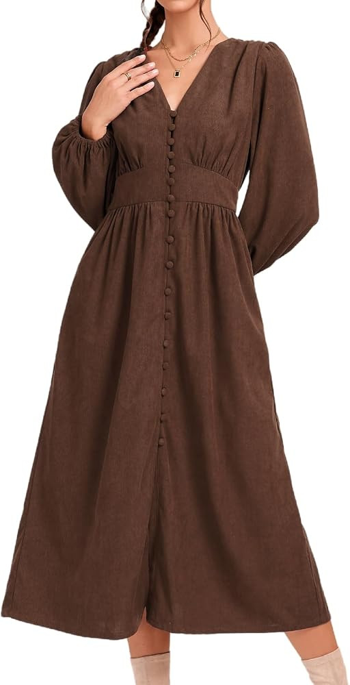 Womens Corduroy Midi Dresses Button Up A Line Puff Sleeve 2025 Wedding Guest Maxi Dress | Amazon (US)