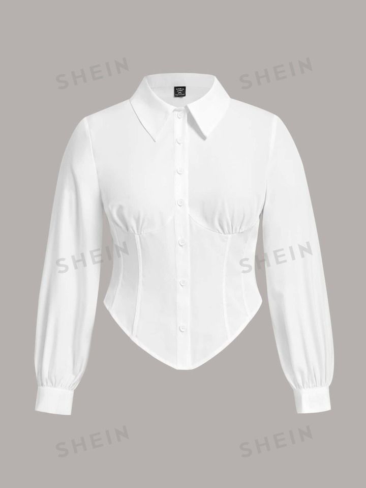 SHEIN EZwear Plus Button Front Asymmetrical Hem Shirt | SHEIN