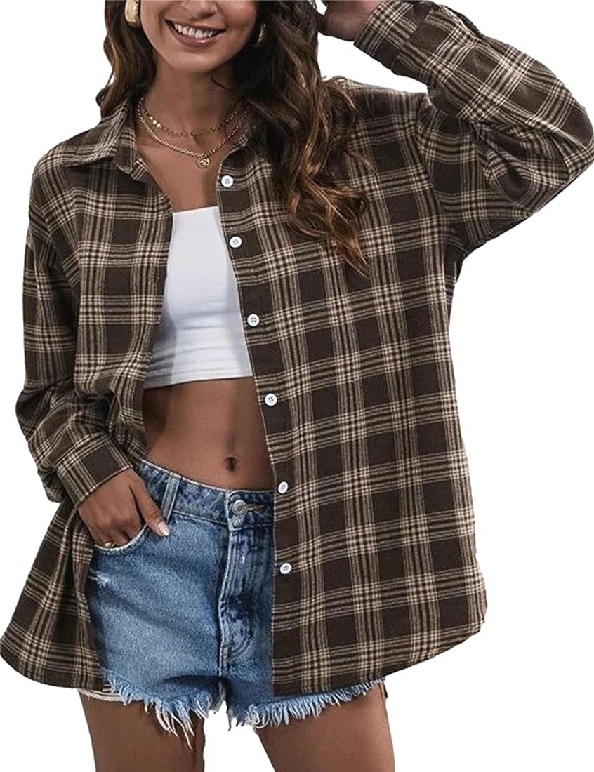 HangNiFang Flannel Plaid Shirts for Women Oversized Button Down Shirts Blouse | Amazon (US)