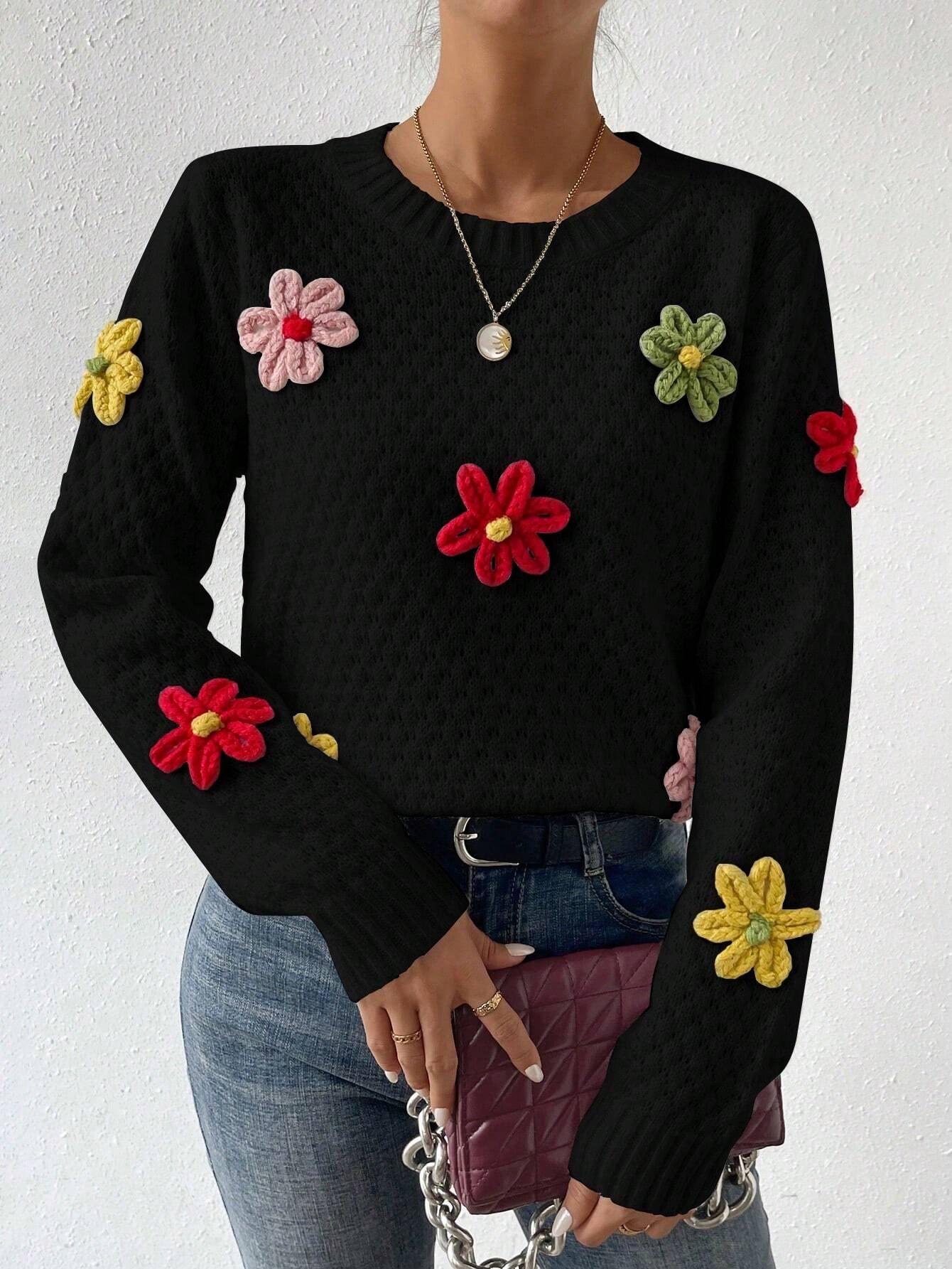 SHEIN Essnce Women's 3d Flower Decorated Sweater | SHEIN