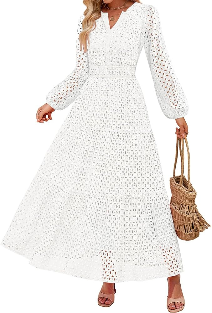 ZESICA Women's 2026 Spring Long Sleeve Maxi Dress V Neck Hollow Out Eyelet A Line Long Flowy Casu... | Amazon (US)