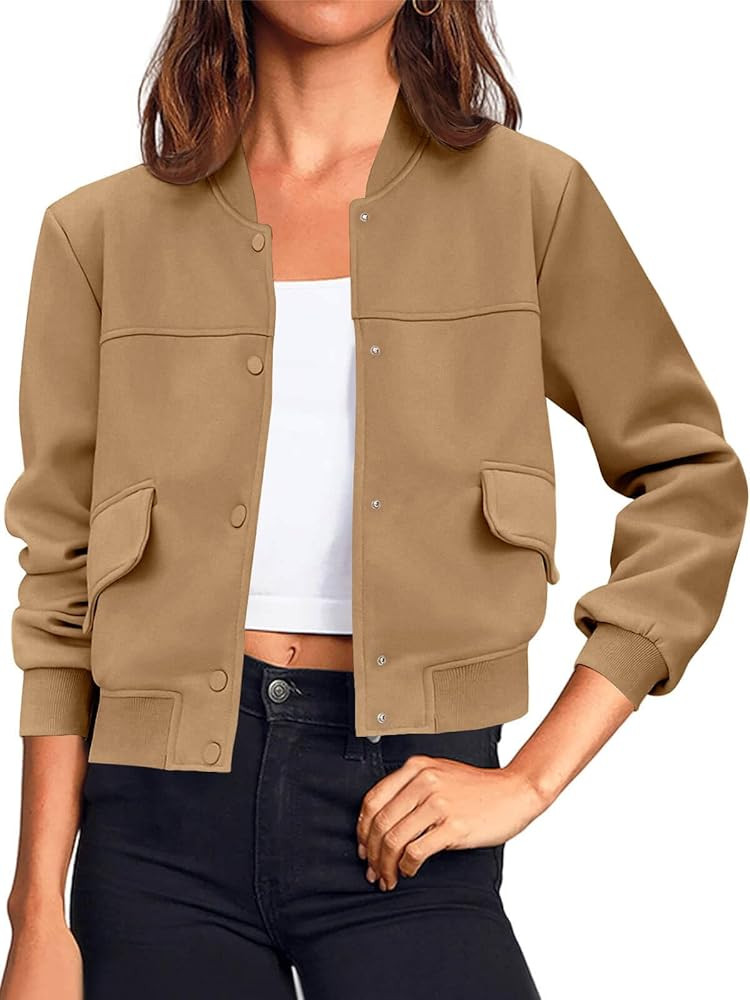 Tankaneo Womens Cropped Bomber Jackets Casual Button Down Long Sleeve Stand Collar Varsity Shacke... | Amazon (US)